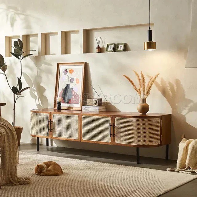 Nordic Curved Rattan TV Cabinet / Media Console with Storage Cabinet & 4 Doors