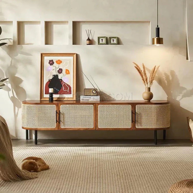 Nordic Curved Rattan TV Cabinet / Media Console with Storage Cabinet & 4 Doors