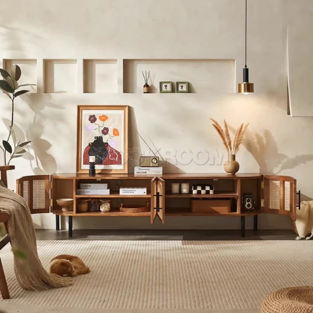 Nordic Curved Rattan TV Cabinet / Media Console with Storage Cabinet & 4 Doors