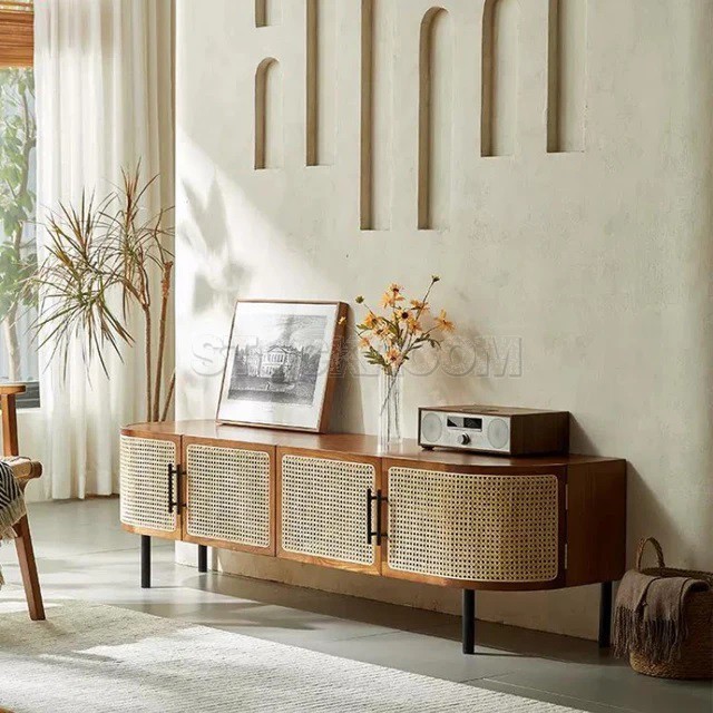 Nordic Curved Rattan TV Cabinet / Media Console with Storage Cabinet & 4 Doors