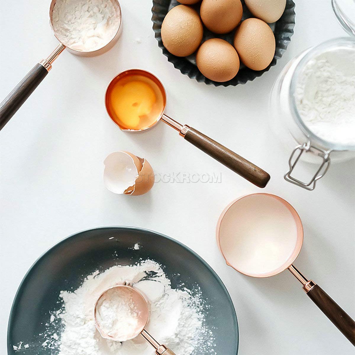 Stainless Steel Measuring Cup with Wood Handle, Rose Gold Polished Finish