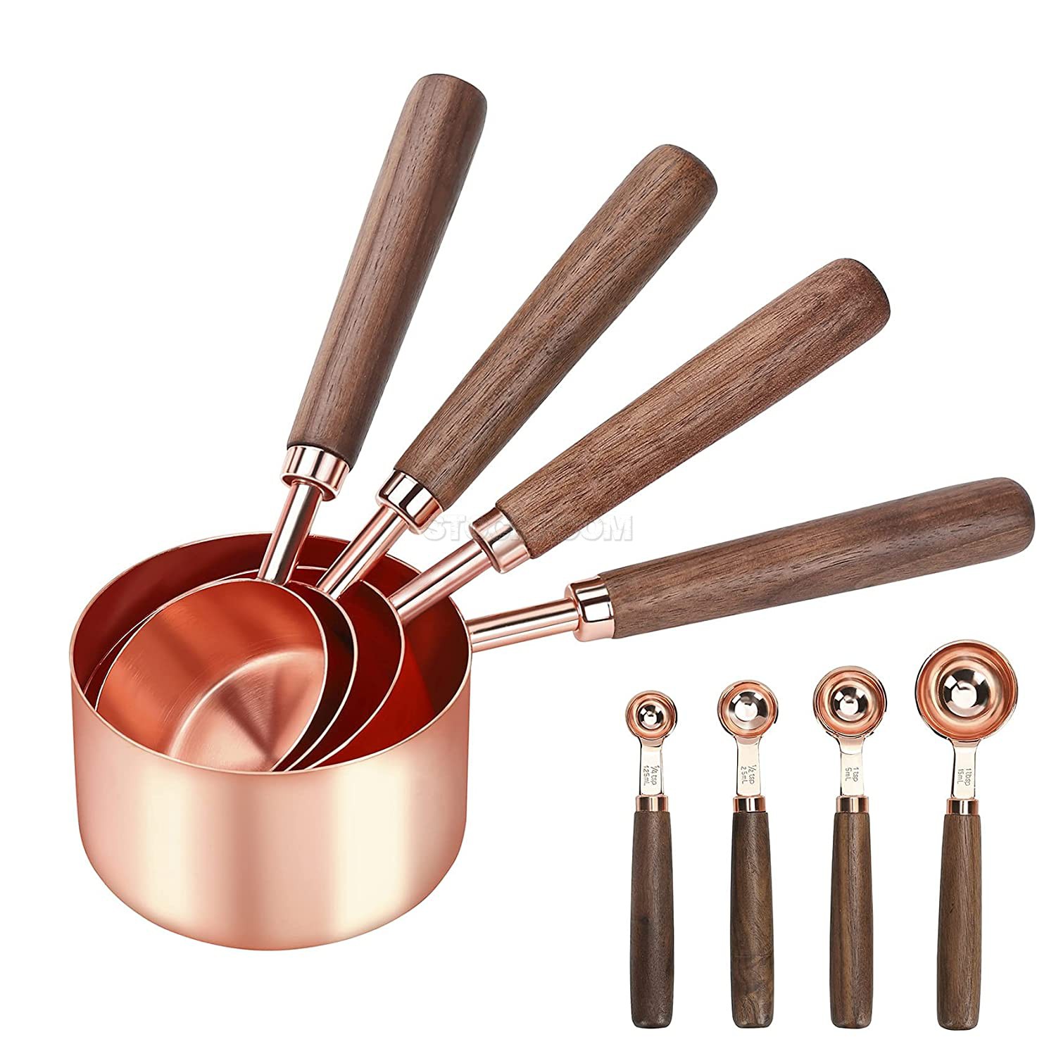 Stainless Steel Measuring Cup with Wood Handle, Rose Gold Polished Finish