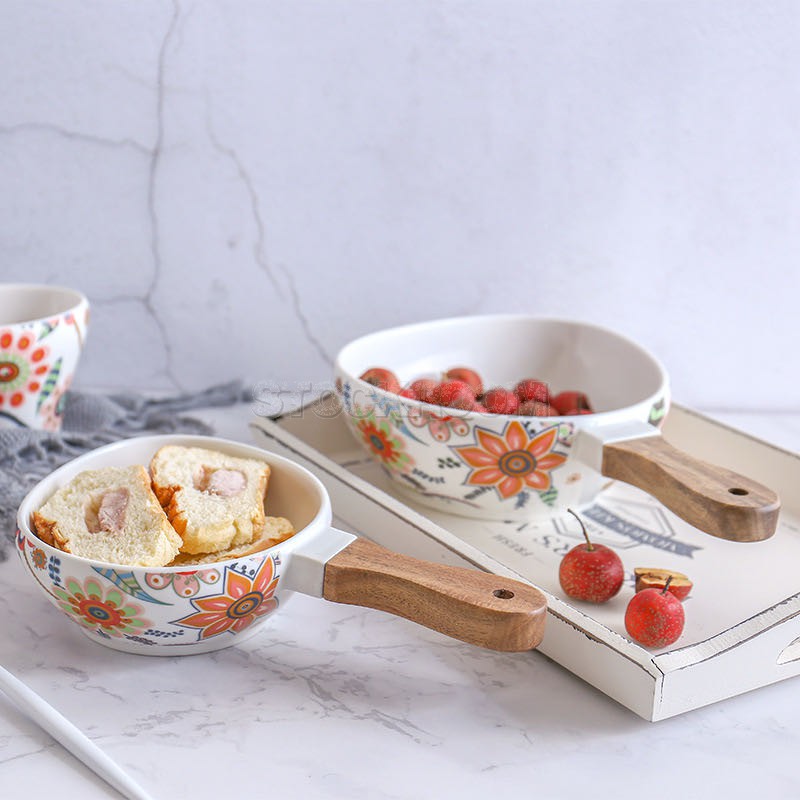 STOCKROOM Ceramic Floral Printed Bowl - Wooden Handle