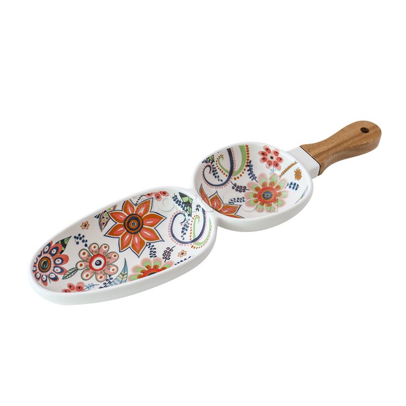 STOCKROOM Ceramic Floral Printed Plate - Wooden Handle Drip Platter