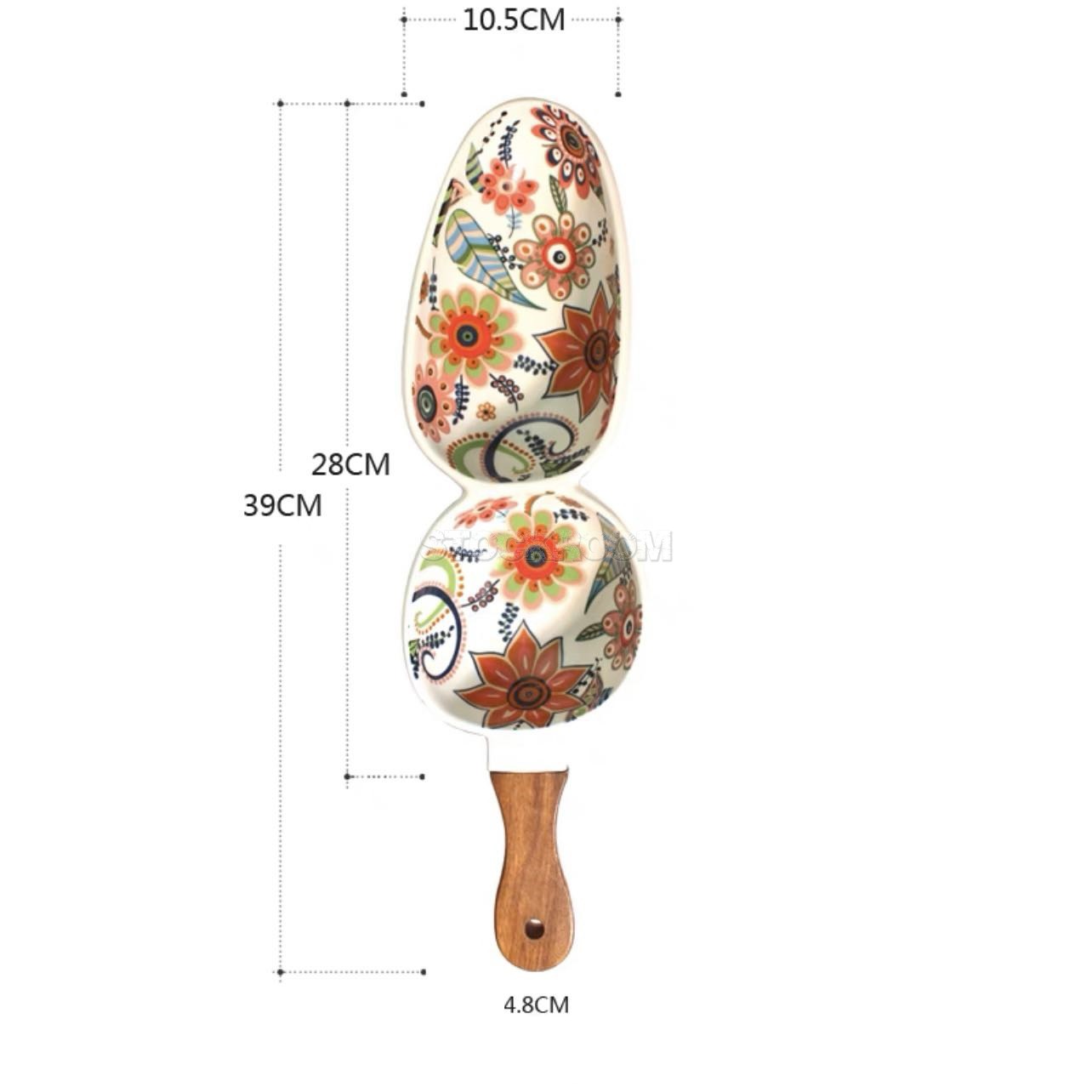 STOCKROOM Ceramic Floral Printed Plate - Wooden Handle Drip Platter