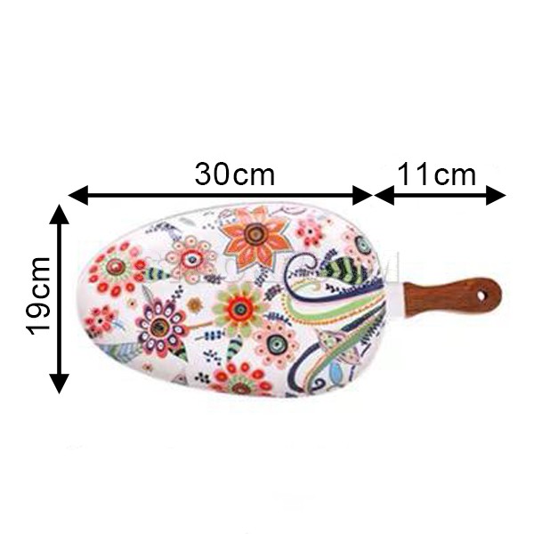 STOCKROOM Ceramic Floral Printed Plate - Wooden Handle Drip Platter