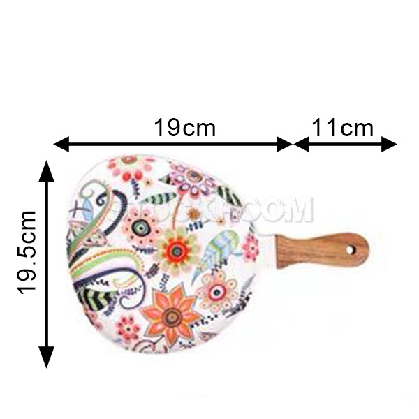 STOCKROOM Ceramic Floral Printed Plate - Wooden Handle Drip Platter