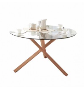 Clinton Round Glass Dining Table with Solid Wood Base