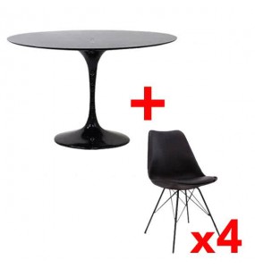 Tulip Style White Table and Navarro Dining Chair - Metal Base with White Metal Legs Combo Set - Set of 4 - Black