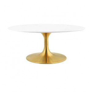 Tulip Style Oval White Coffee Table With Brass Base