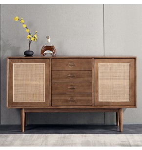 Cottage Style Natural Sideboard Buffet Rattan With 2 Doors 4 Drawers