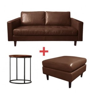 Smithson Contemporary Leather Sofa, Smithson Leather Ottoman and Modern Industrial Tall Coffee Table Combo Set