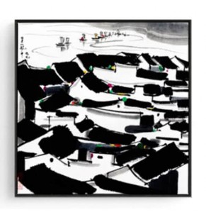 Stockroom Artworks - Square Canvas Wall Art - Houses and Lake - More Sizes