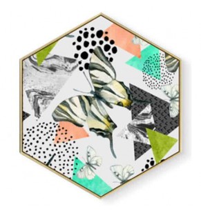 Stockroom Artworks - Hexagon Canvas Wall Art - Geometry with Butterfly - More Sizes