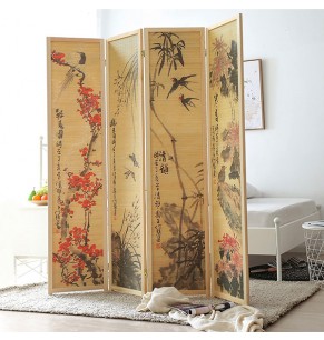 Decorative Chinese Calligraphy Design Wood & Bamboo 4 Panel Screen/ Room Divide