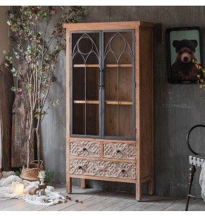 Mellor Industrial Rustic Cabinet Bookcase Carved Patterns Glass Doors With 3 Drawers