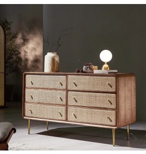 Nabee Rattan Woven Solid Wood 6 Drawers Dresser Sideboard Cabinet