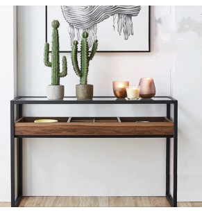Orson Industrial Style Rectangular Narrow Console Table Glass Top with Storage