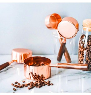 Stainless Steel Measuring Cup with Wood Handle, Rose Gold Polished Finish