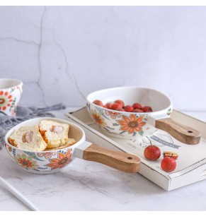 STOCKROOM Ceramic Floral Printed Bowl - Wooden Handle