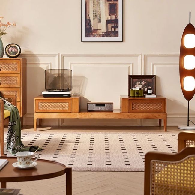 Christie Style Solid Wood Rattan Home TV Cabinet with 2 Drawers