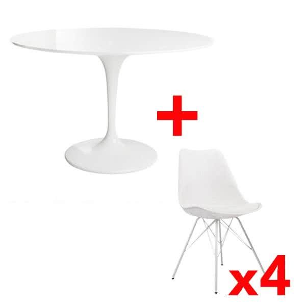 Tulip Style White Table and Navarro Dining Chair - Metal Base with White Metal Legs Combo Set - Set of 4 - White