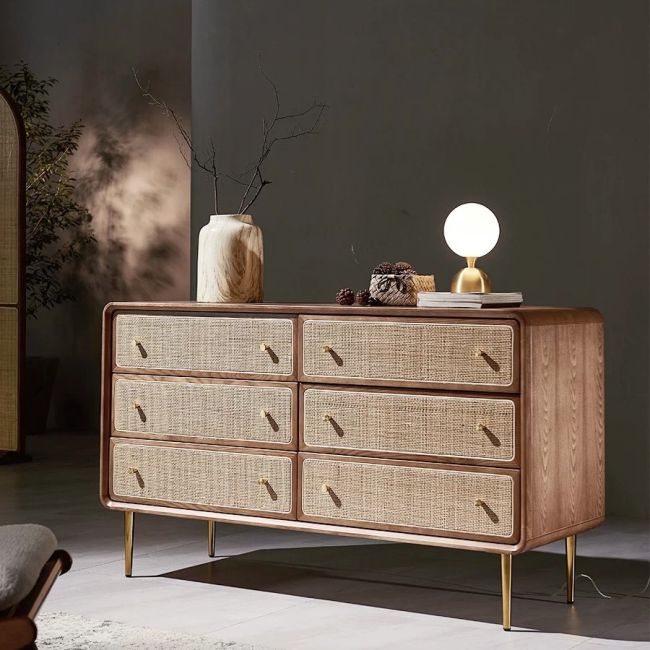 Nabee Rattan Woven Solid Wood 6 Drawers Dresser Sideboard  Cabinet