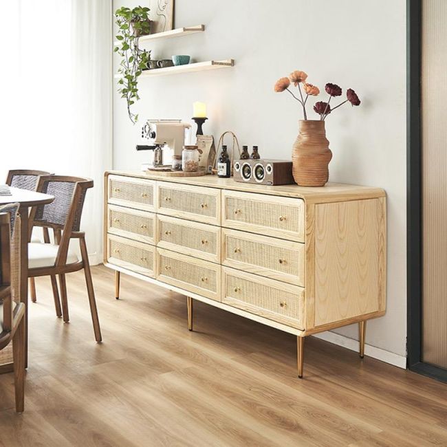 Nabee Rattan Woven Solid Wood 9 Drawers Dresser Sideboard  Cabinet