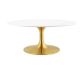 Tulip Style Oval White Coffee Table With Brass Base